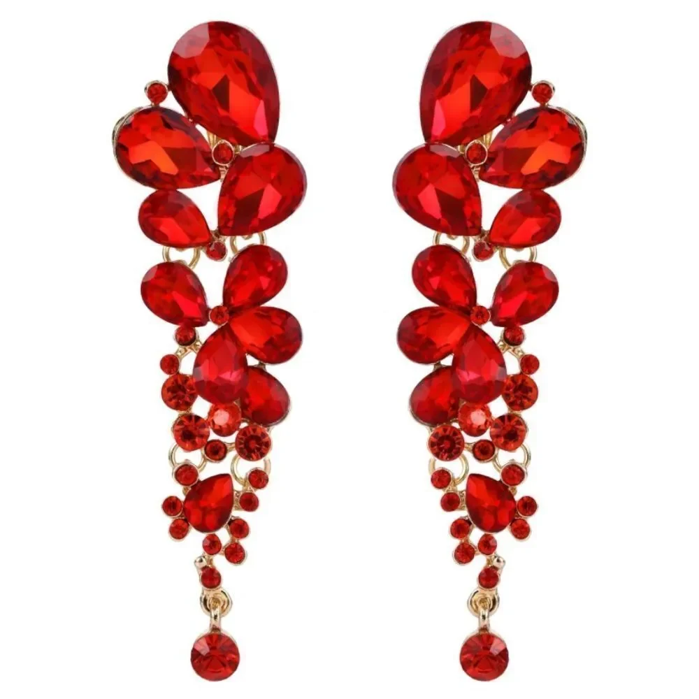Yellow Gold with Ruby Red Austrian Crystal Chandelier Statement Clip On Earrings